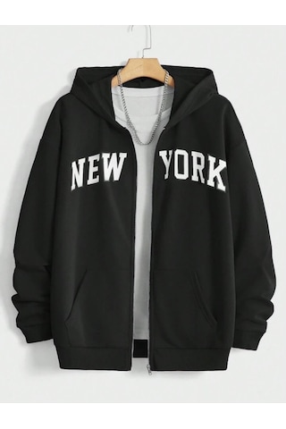 Harmandar New York Baskılı Kadın Siyah Cepli Kapüşonlu Fermuarlı Sweatshirt Hırka Siyahnewyork