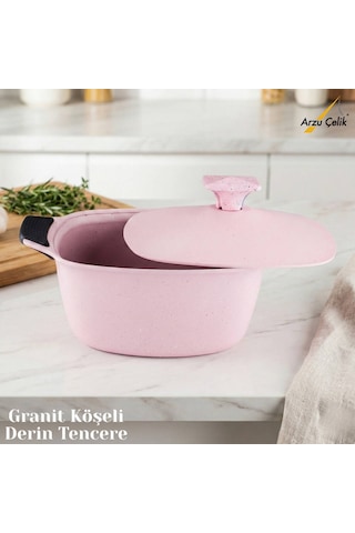 24 Cm Granit Köşeli Derin Tencere Alüminyum Kapak - Pembe Pembe