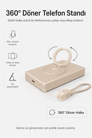 Ym307 10000 Mah Manyetik Kablosuz Powerbank 25w Pd Hızlı Şarj, 15w Kablosuz Şarj Ve 360 Döner Stand Gold