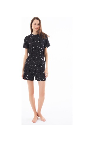 Premium Yazlık Şortlu Kadın Pijama Takımı Siyah Kalp Desenli Yumuşak Dokulu Bisiklet Yaka Kısa Kollu Siyah