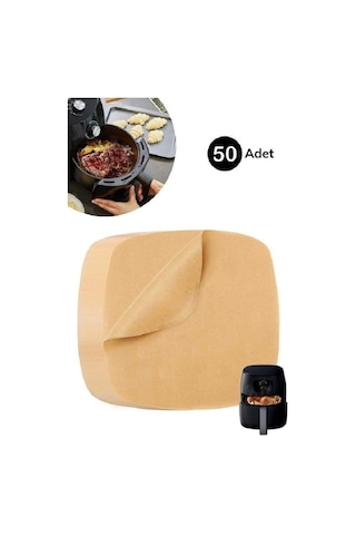 50 Adet Air Fryer Pişirme Kağıdı Tek Kullanımlık Yağ Su Geçirmez Yapışmaz Deliksiz Düz Kare Model Kahverengi