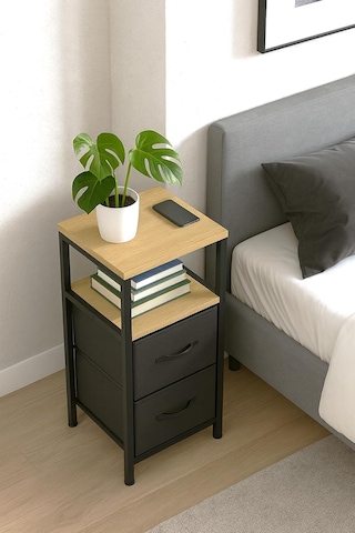 Miyuhome 2 Raflı Komodin Deri Çekmeceli Düzenleyici Yatak Odası Organizer Metal Komodin Antrasit Diğer