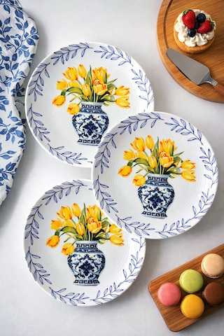 Grandora Vazo Ve Çiçek Desenli 6 Adet, 20 Cm Modern Pasta Tatlı Tabağı Seti Şık Kahvaltılık Tabak Sarı