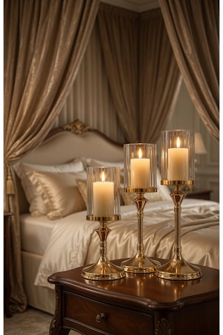 Lumina Gold Royale Şamdan Seti Sırasıyla 39 - 34 - 29cm / Dekoratif Masa Şamdanı Salon & Yemek Masası Mumluk Eskitme Gold