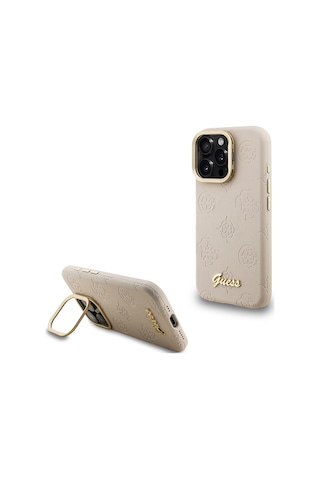 Apple Uyumlu iPhone 16 Pro Kılıf Guess Lisanslı M-safe Şarj Özellikli Kamera Standlı Peony Kapak Bej