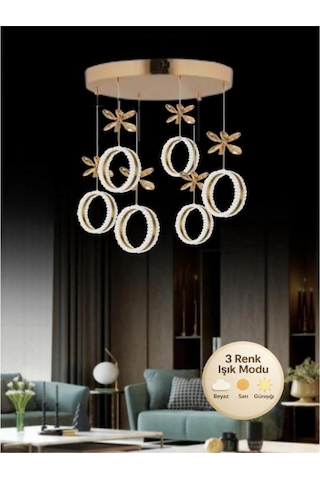 Zero Model 6"lı Kristal Taşlı Gold 3 Renk Modu Ledli Salon Mutfak Oturma Odası Sarkıt Led Avize Metalik