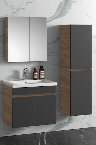 Çiğdem 65+35 Cm Atlantik Çam- Antrasit Gri Mat Mdf Seramik Lavabo Antrasit - Atlantik Çam
