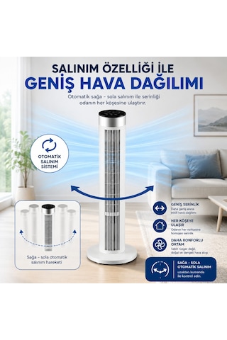 Amazon Başlık 39 İnç Kule Tipi Vantilatör, Uzaktan Kumandalı, 45w Güçlü Motor, 3 Hız Kademesi, 3 Modlu, Led Dokunmatik Ekran, Salınımlı, Sessiz Çalışma, 7.5 Saat Zamanlayıcı, Beyaz