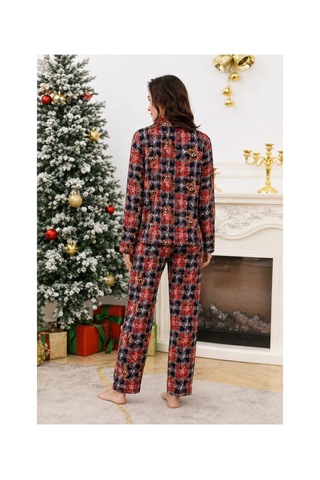Pemilo Kadın 0363 Süet Düğmeli Pijama Takımı Lacivert-bordo