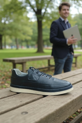 Enoch Hakiki Deri Lacivert Lazer Delikli Bağcıklı Erkek Sneaker Ortopedik Taban Lacivert
