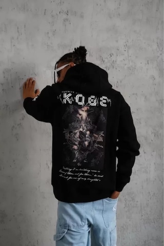 Efnaz Style Unisex Sırt Baskılı Kapüşonlu Üç İplik Oversize Sweatshirt - Siyah
