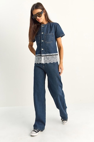 Kadın Dantel Detaylı Kısa Kollu Ceket Wide Leg Denim Pantolon Takım 8211 60286152 - Lacivert