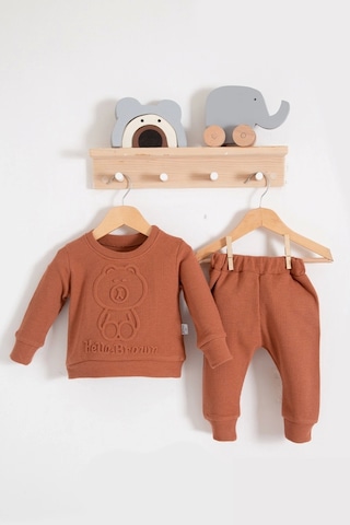 Bear Gofre Kabartmalı 2'li Erkek Bebek Takımı Kahve Kahverengi
