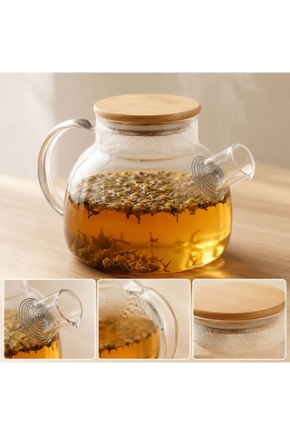 Bk Gift Isıya Dayanıklı Süzgeçli Cam Demlik, Bambu Kapaklı 1 Litre Çaydanlık