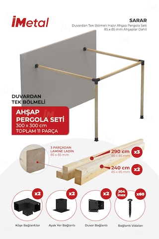 Sarar Duvardan Tek Bölümlü Ahşap Pergola Seti Ahşaplar Dahil