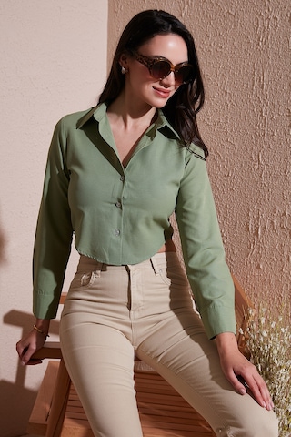 Lela Pamuk Karışımlı Slim Fit Uzun Kollu Crop Bayan Gömlek 6777336 Haki