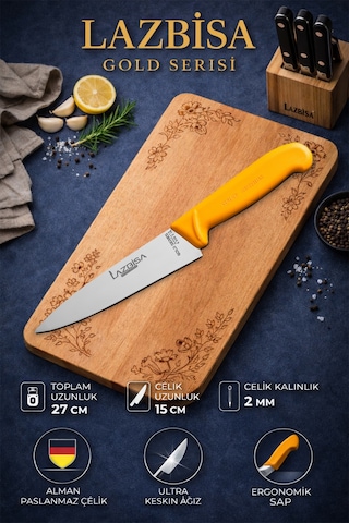 Lazbisa Mtf-010 Gold Serisi Mutfak Bıçak Seti Et Ekmek Sebze Bıçağı 2 Li Set Günlük Kullanım Sarı