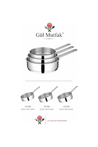 3'lü Yağ Tava Paslanmaz Çelik 16 Cm -18 Cm -20 Cm Gümüş