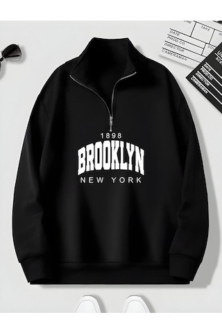 Harmandar Siyah Erkek Brooklyn Baskılı Dik Yaka Yarım Fermuarlı Düz Kazak Sweatshirt Siyahbrooklyndikyaka