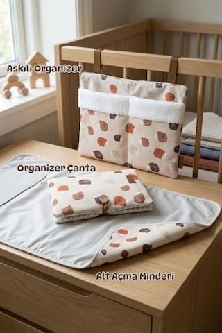 Yenidoğan 3 Prç Anne Bebek Hediye Hastane Çıkışı Alt Açma Bakım Çanta Askılı Organizer Set Urcin Açık Bej