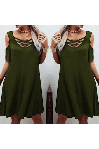 Dekolteli Bağcık Detay Viskon Kumaş Elbise Haki