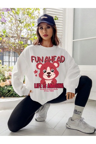 Adrift Qutie Slogan & Cartoon Graphic Drop Shoulder Sweatshirt Beyaz Beyaz