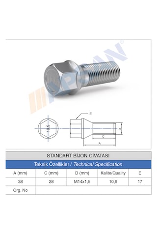 20adet Standart Bijon Civatası 28mm M14x1.5 20adet Standart Bijon Civatası 28mm M14x1.5