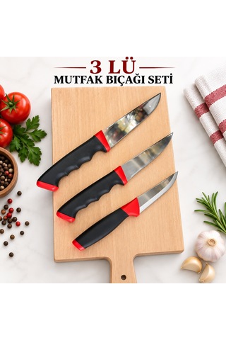 3'lü Paslanmaz Çelik Mutfak Bıçağı Seti Kırmızı - Siyah