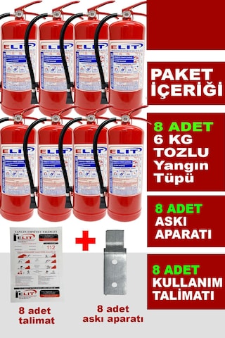 6 Kg Tozlu Yangın Söndürme Tüpü Askı Aparatı + Talimat Dahil Ruhsata Uygun 8'li Paket