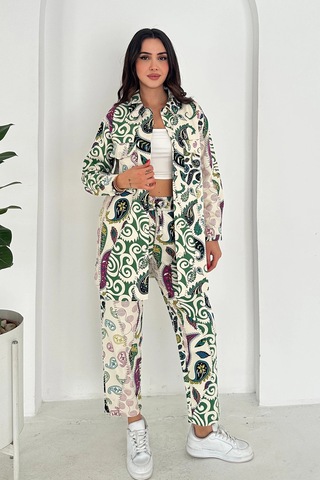 Etnik Desen Baskılı Keten Takım Yeşil Yeşil