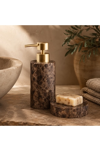 The Voguemaxima Mermer Görünümlü Sıvı Sabunluk Kahverengi Gold Pompalı 7x19 Cm