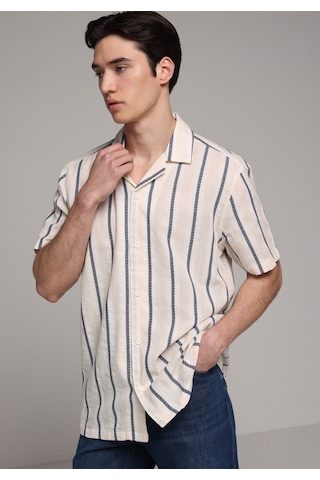 Colin's Colins Regular Fit Apaj Yaka Çizgili Erkek Lacivert Kısa Kol Gömlek Cl1080102 Q1.v2 Nav