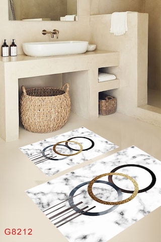 Mermer Desen Banyo Paspası, Dekoratif Klozet Takımı, Yıkanabilir, Beyaz