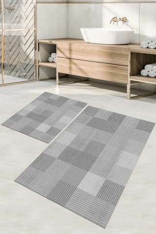 Buççin Online Mağaza Dijital Baskılı Yıkanabilir Kaymaz Taban Kilim Görünümlü Banyo Paspası Klozet Takımı Polyester Gri Çok Renkli