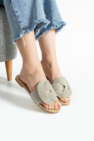 Dabab Shoes Lumıry Hasır Kadın Taşlı Düğümlü Bantlı Düz Işıltılı Terlik Kahverengi
