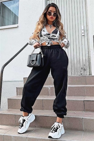 Madmext Mad Girls Siyah Paça Lastikli Oversize Kadın Eşofman Mg324-siyah Siyah
