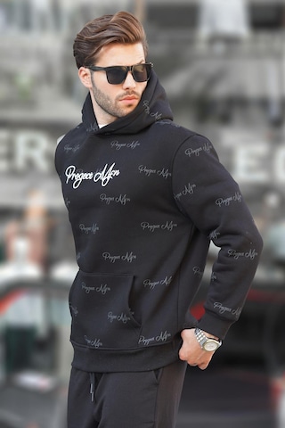 Madmext Siyah Baskılı Kapşonlu Cep Detaylı Erkek Sweatshirt 7075 Siyah