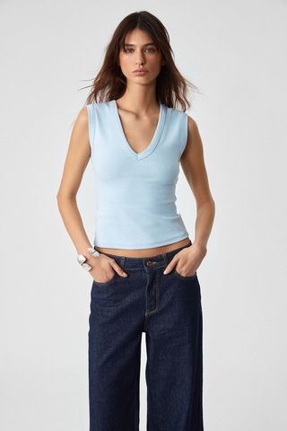 GRIMELANGE Lescosa Kadın Slim V Yaka Kolsuz Mavi T-shirt Mavi