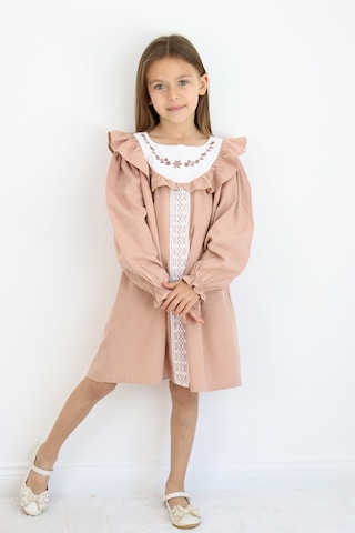 Miababy Nakış Detaylı Keten Elbise 1-8 Yaş Kahverengi