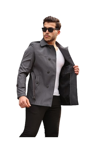 Mero Life Erkek Gri Mevsimlik Astarlı Kemerli Kruvaze Trençkot Gri