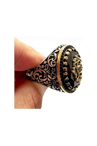 Vog Siyah Zirkon Taşlı Sarmaşık Desenli 925 Ayar Gümüş Erkek Yüzük