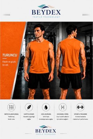 Beydex Erkek Nem Emici Hızlı Kuruma Atletik Teknik Sporcu Sıfır Kol T-shirt Gym Turuncu