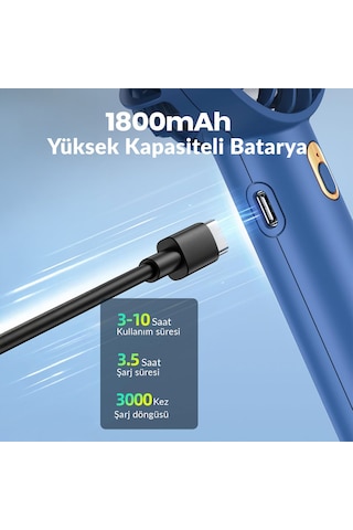 Warmco K30 Taşınabilir Şarjlı Mini El Vantilatörü 1800mah 3 Kademeli Standlı Soğutucu Fan Lacivert
