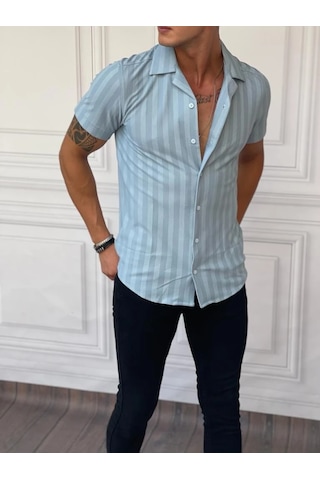 Modefendi Dikey Desen Detaylı Normal Slim Fit Pamuklu Gömlek Mavi
