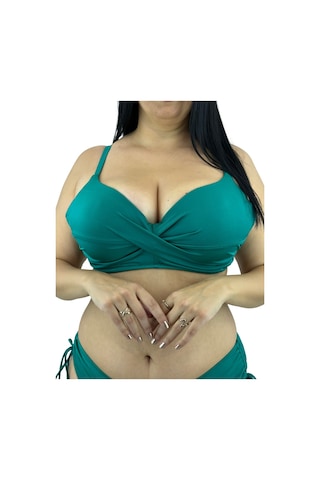 Büyük Beden Sabit Kaplı Toparlayıcı Çapraz Drapeli Yandan Bağlamalı Kadın Bikini Takım Yeşil