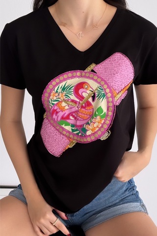 Femelle Kadın Siyah V Yaka Flamingo Saat Pul Payet İşlemeli %100 Pamuk Tişört