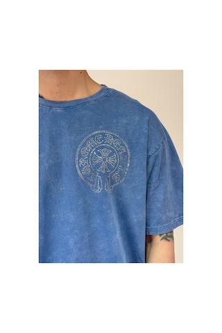 Zaee Vintage Washed Taşlı Oversize T-shirt Mavi