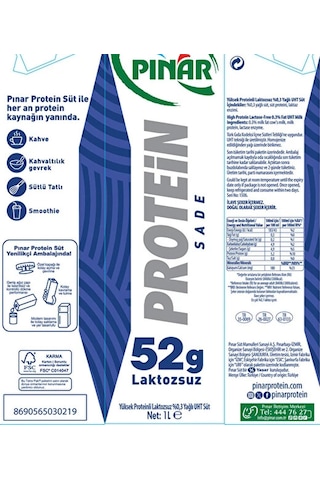 Pınar Protein Süt Sade 1 Lt X 6 Adet