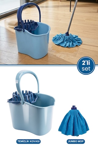 Flora 2 Li Temizlik Seti Mavi, Sıkmalı Temizlik Yer Silme Kovası + Süper Emici Mikrofiber Jumbo Mop