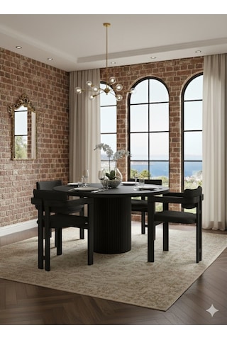 Verona Doğal Ahşap Yuvarlak Yemek Masası Takımı 4 Kişilik Modern Scandinavian Stil Siyah Siyah